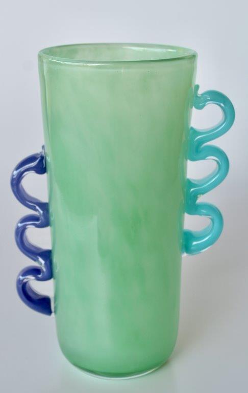 Tall Green Glass Vase With Purple And Blue Handles